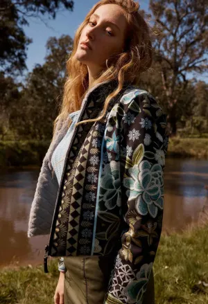 Once Was - Rylie Reversible. Placement Print Ponte & Faux Fur Jacket - Dahlia Fields
