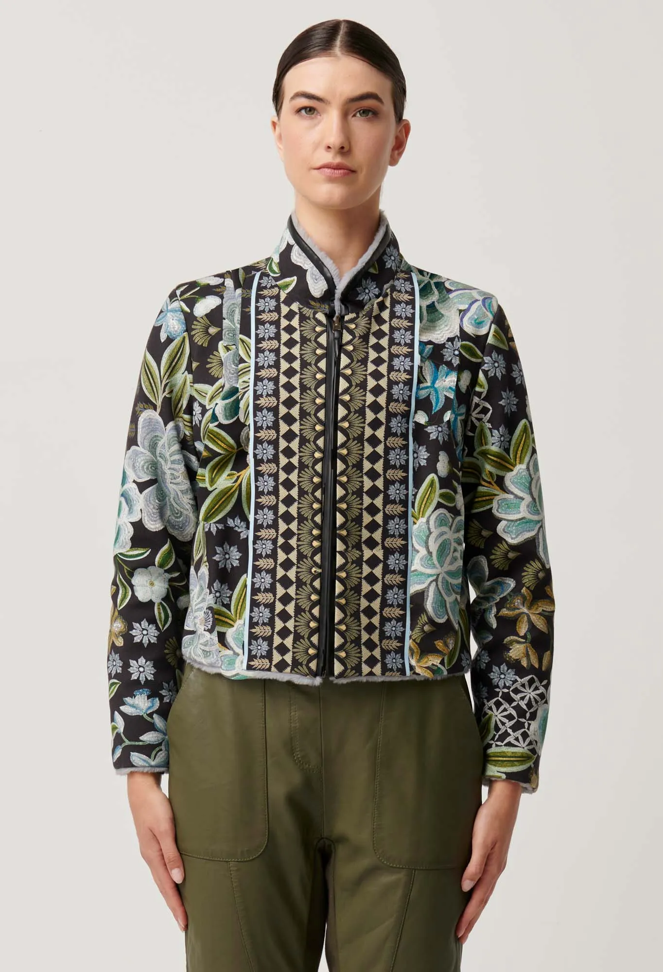 Once Was - Rylie Reversible. Placement Print Ponte & Faux Fur Jacket - Dahlia Fields