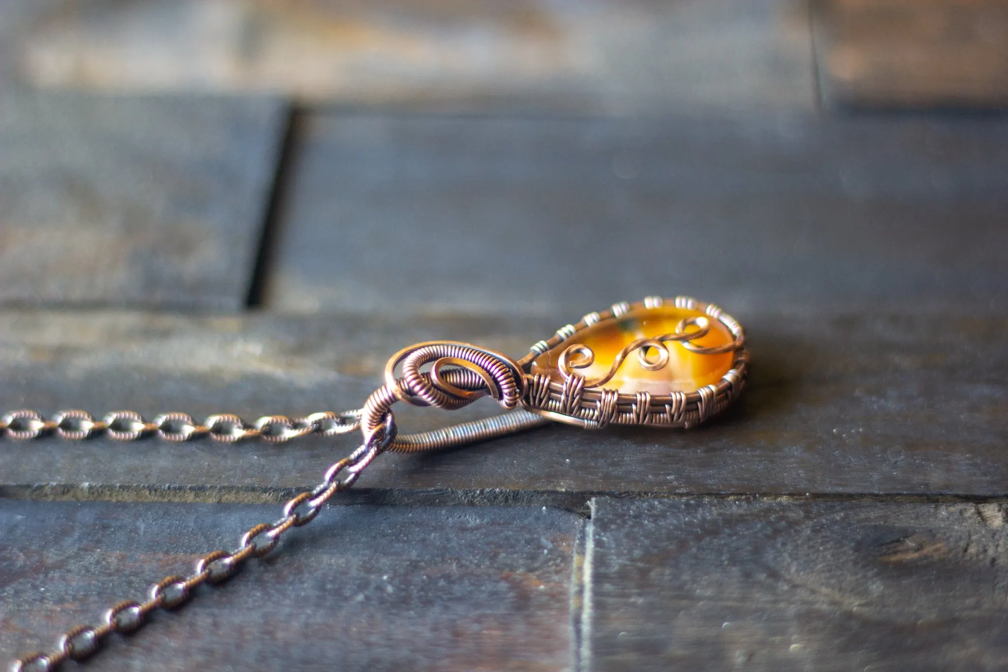 Orange and Cream Fused Glass and Copper Wire Pendant