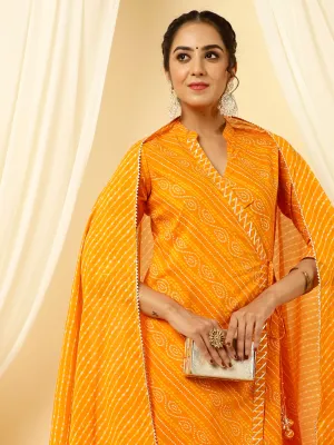 Orange Bandhani Angrakha Kurta With Leheriya Pants And Dupatta