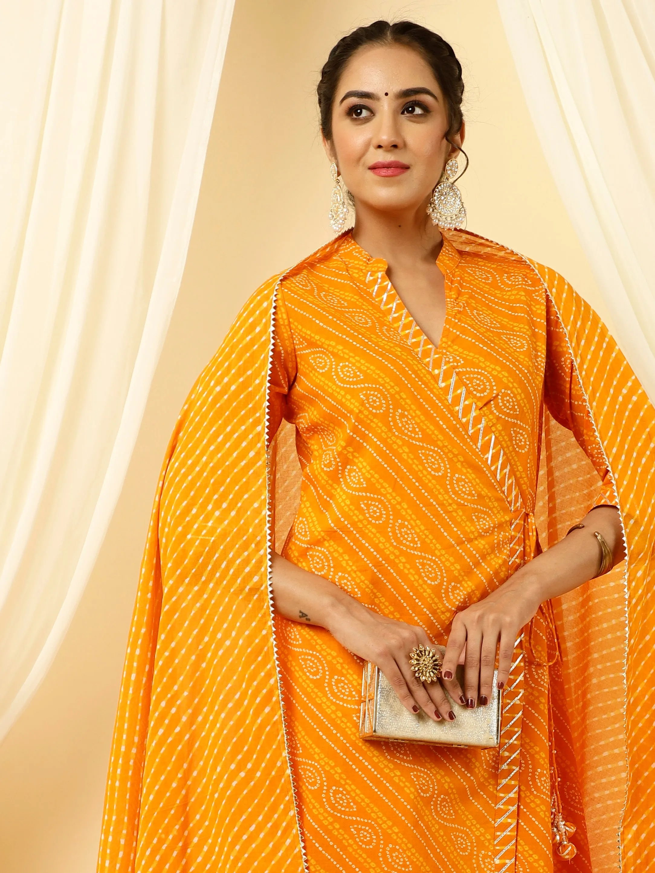 Orange Bandhani Angrakha Kurta With Leheriya Pants And Dupatta