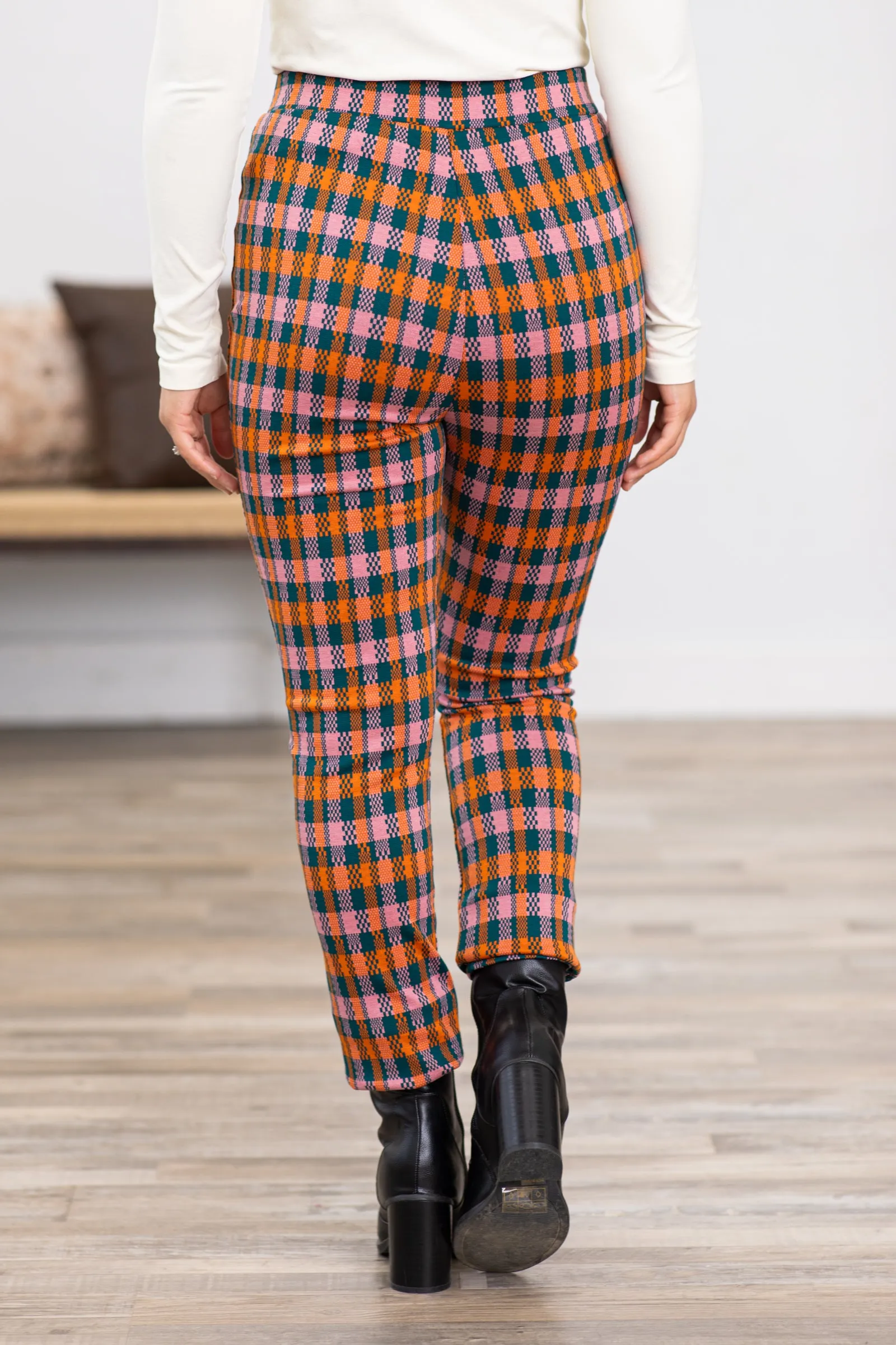 Orange Plaid Pull On Pants