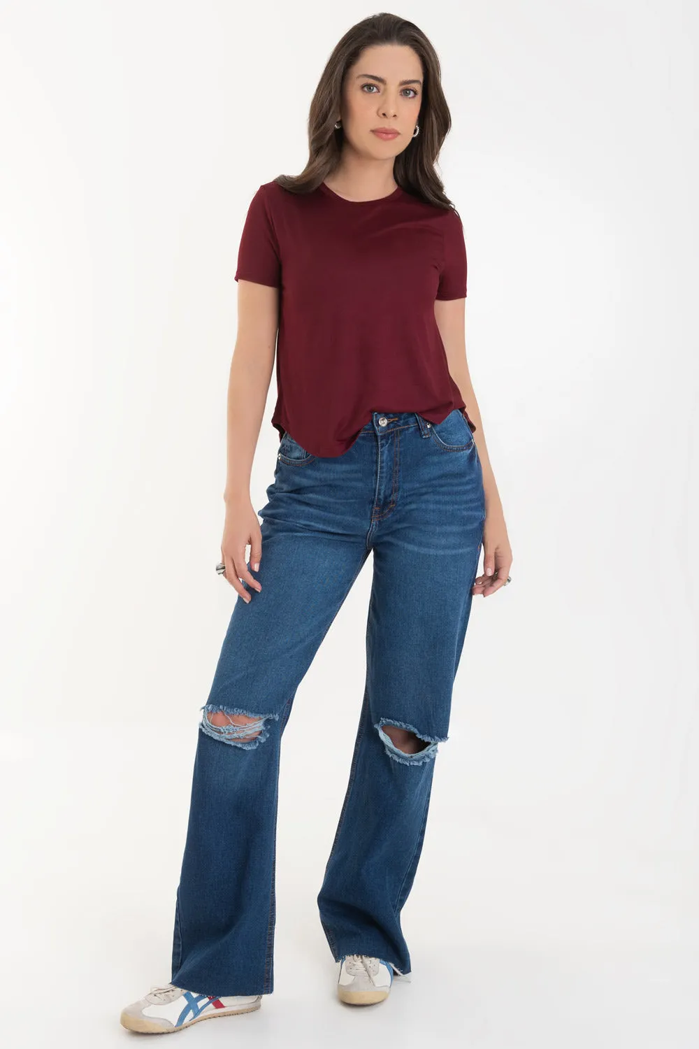 Pantalón denim wide leg con rotos