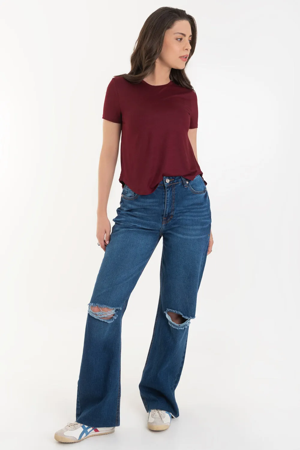 Pantalón denim wide leg con rotos