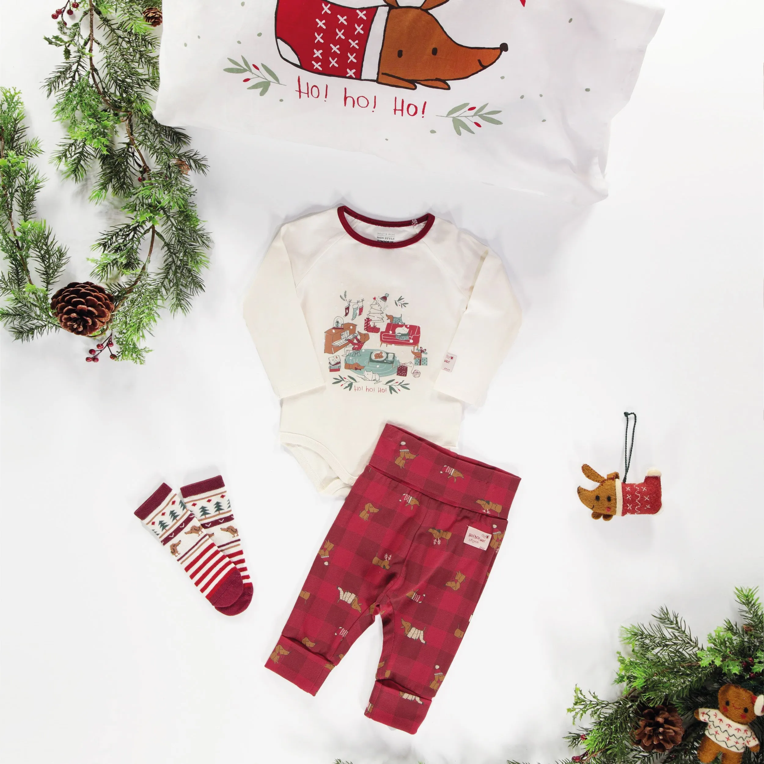 Pantalon évolutif des fêtes rouge à carreaux en coton extensible, bébé || Evolutive red plaid Holiday pants in stretch cotton, baby