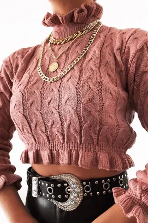 Pink Cable Knit Frill Neck Jumper - Jacie