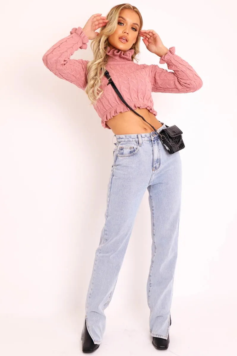 Pink Cable Knit Frill Neck Jumper - Jacie
