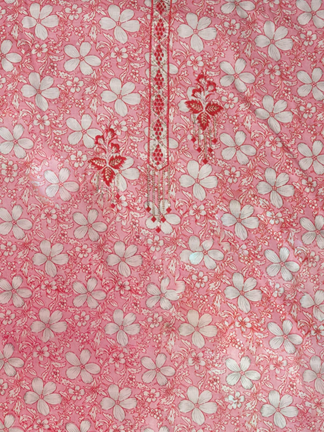 Pink Embellished Floral Printed Pure Cotton Dress Material with Dupatta