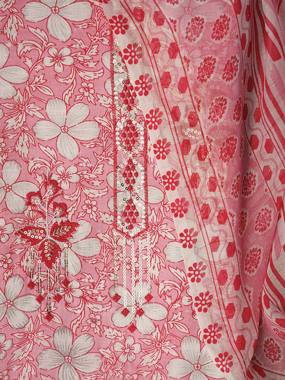 Pink Embellished Floral Printed Pure Cotton Dress Material with Dupatta