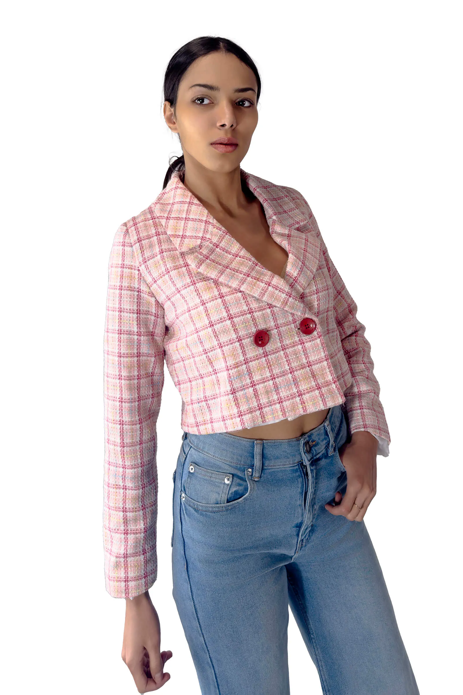 Pinky Plaid Cropped Blazer