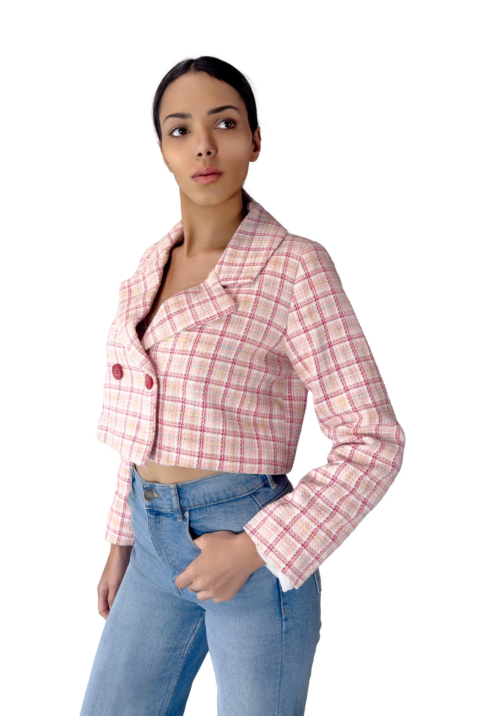 Pinky Plaid Cropped Blazer