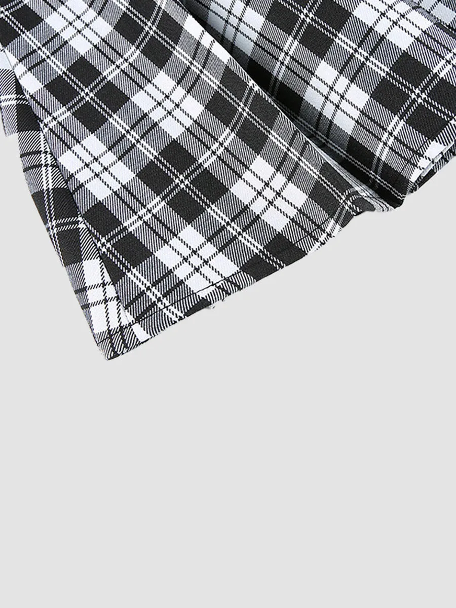 Plaid Leather Buckle Chain Patchwork A-line Skirt