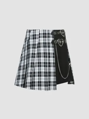 Plaid Leather Buckle Chain Patchwork A-line Skirt