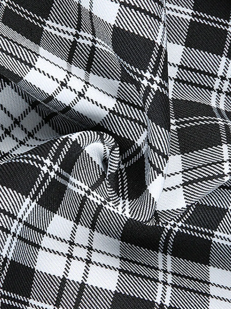 Plaid Leather Buckle Chain Patchwork A-line Skirt