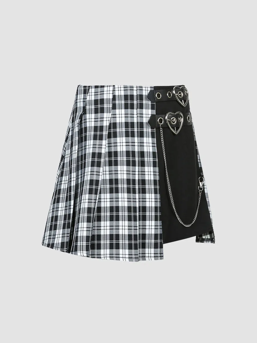 Plaid Leather Buckle Chain Patchwork A-line Skirt