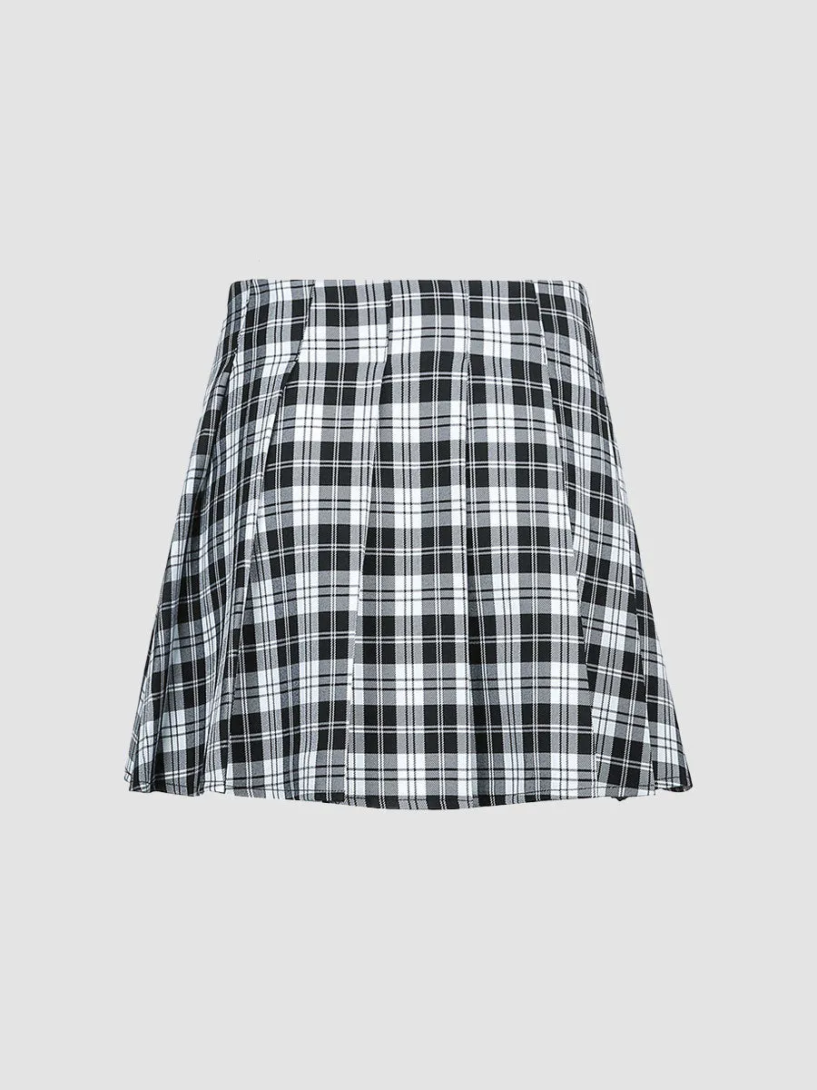 Plaid Leather Buckle Chain Patchwork A-line Skirt