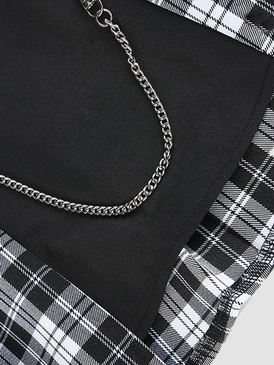 Plaid Leather Buckle Chain Patchwork A-line Skirt