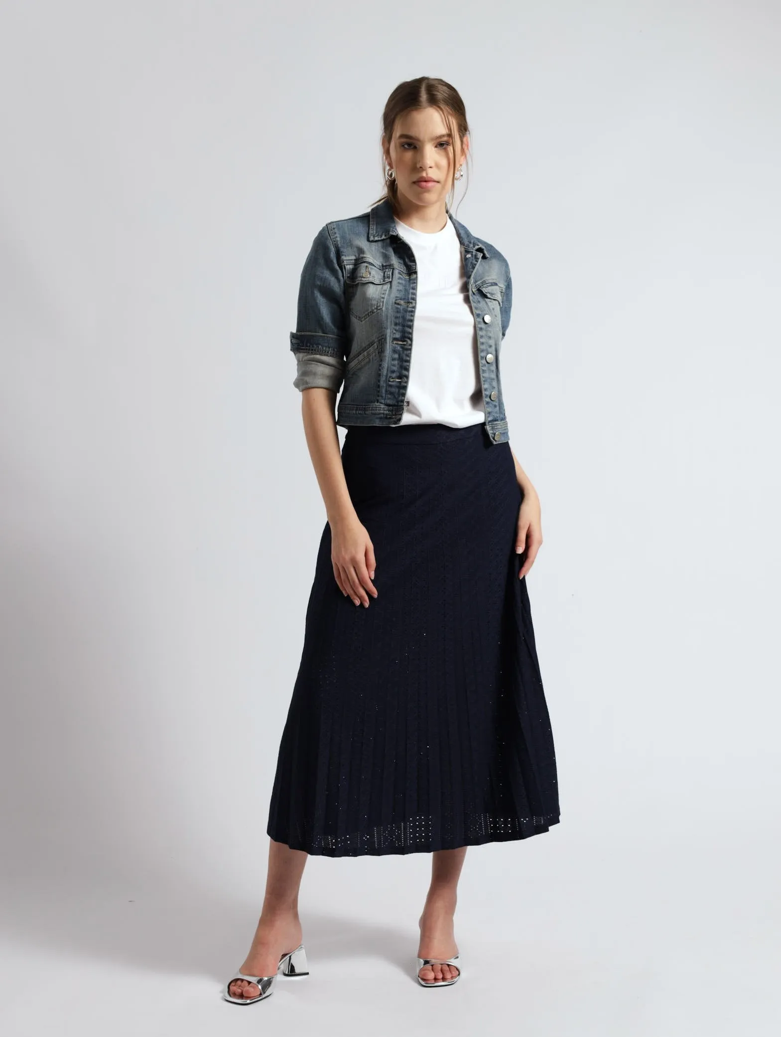 Pleated Cut Out Detail Skirt - Navy