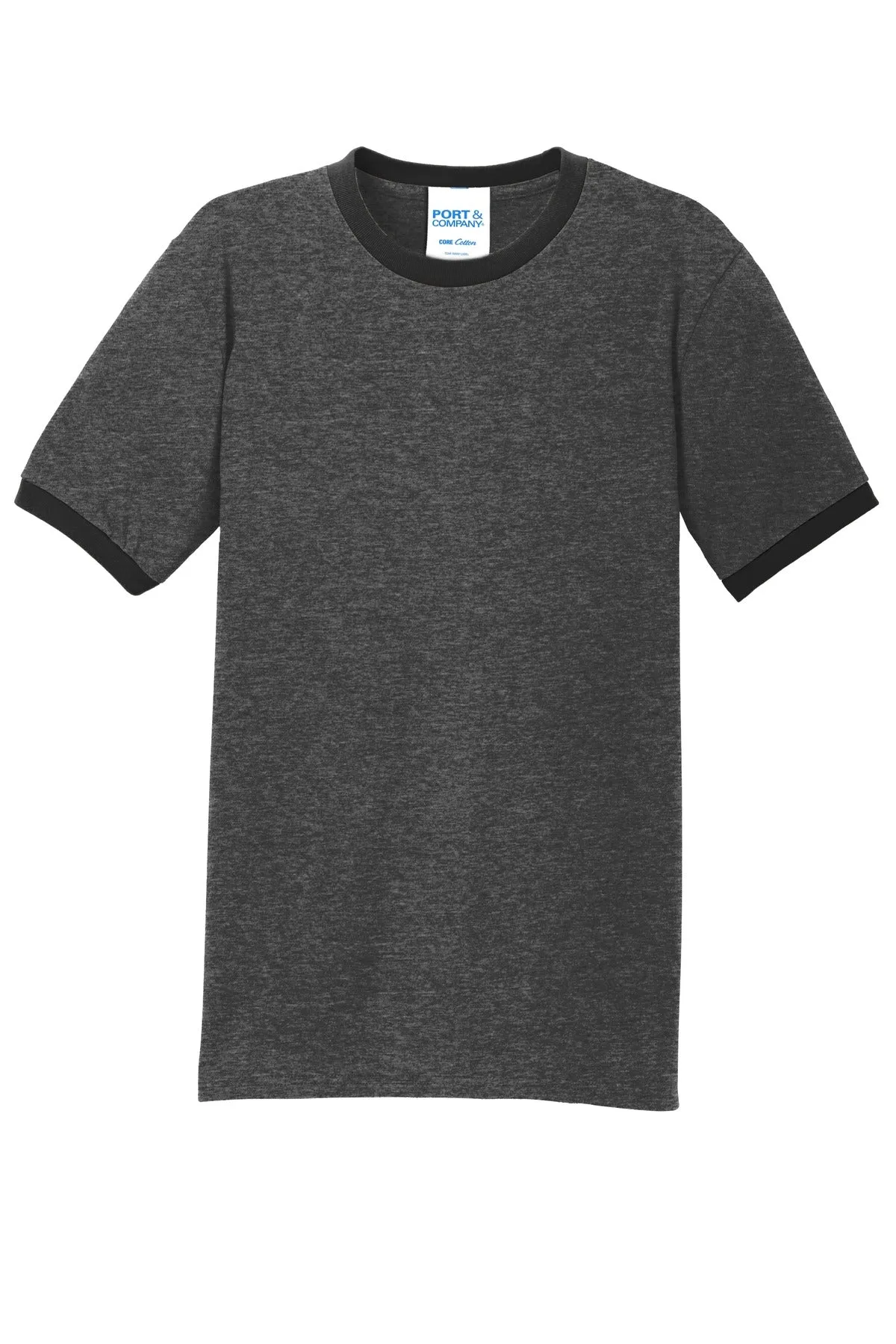 Port & Company Core Cotton Ringer Tee.  PC54R Dark Heather Grey/ Jet Black