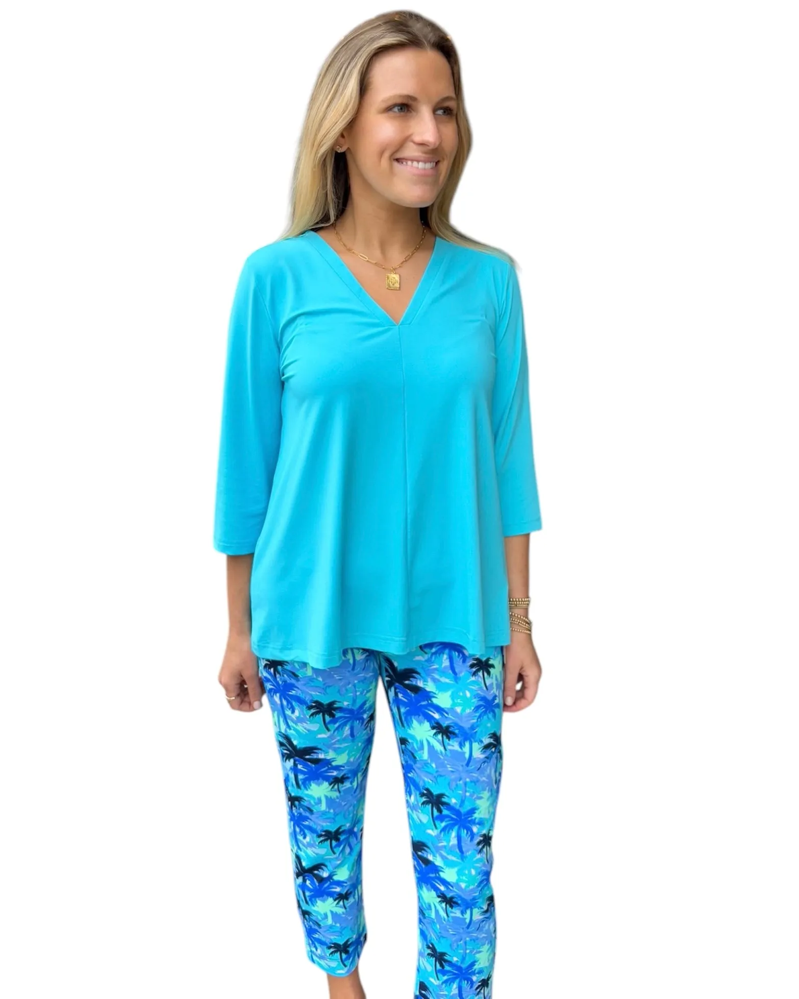 PRINTED CROP PANT - Blue Palm Trees