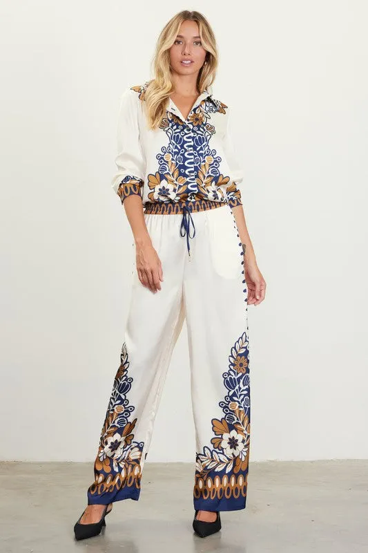 Printed elastic waist pants
