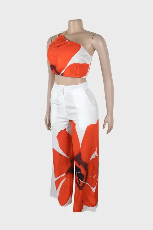 Printed One-Shoulder Top & Wide Leg Pants Set