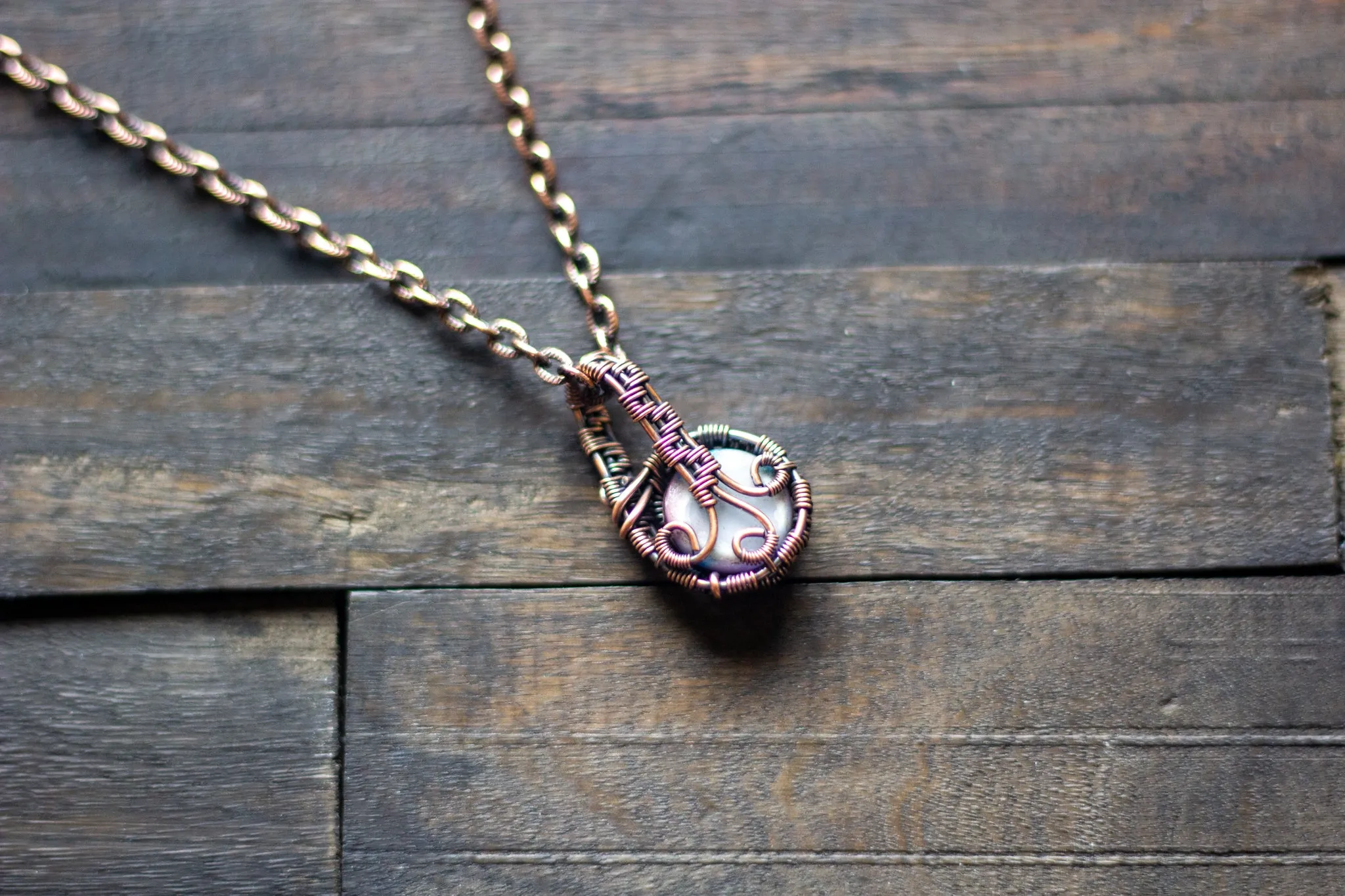 Purple and Blue Fused Glass Mini Pendant with Copper Wire Wrapping