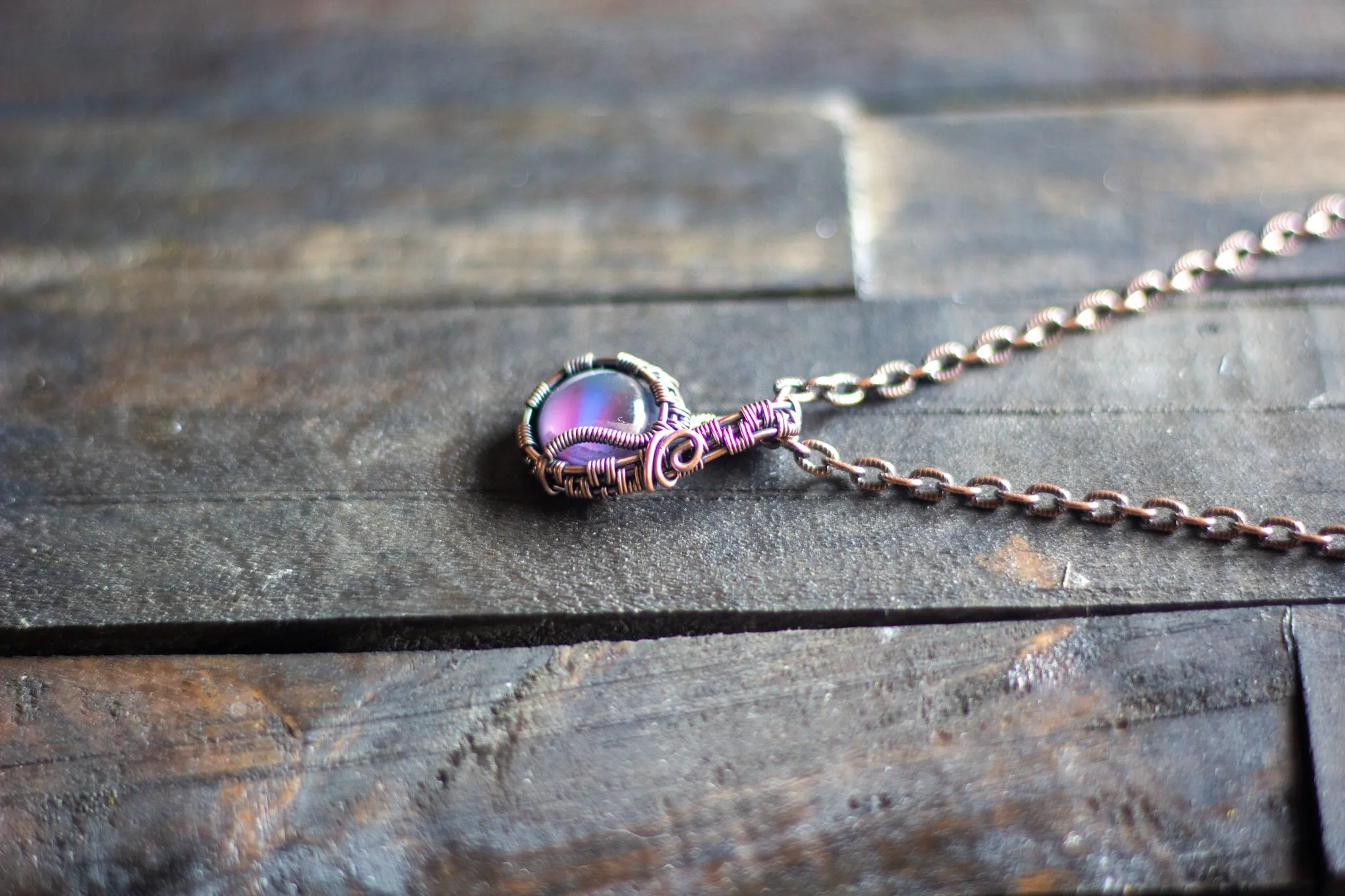 Purple and Blue Fused Glass Mini Pendant with Copper Wire Wrapping