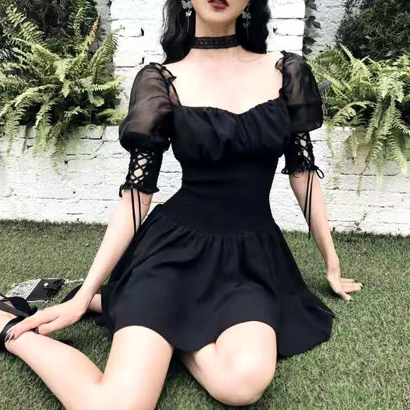 "DARK GOTHIC MESH PUFF SLEEVE" DRESS N042406