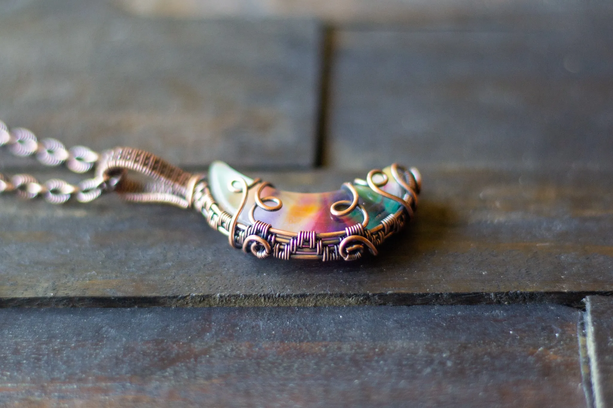 "Shades of the Desert" Crescent Moon Pendant with Copper Wire Wrapping