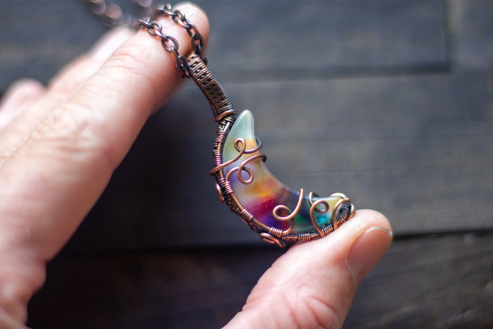 "Shades of the Desert" Crescent Moon Pendant with Copper Wire Wrapping