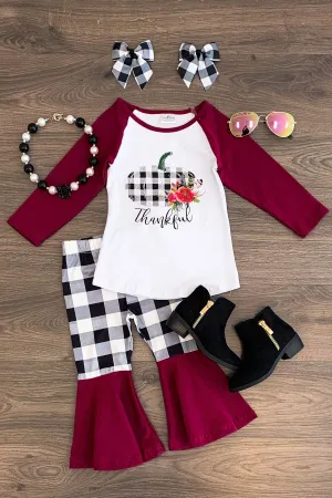 "Thankful" Burgundy & Plaid Pumpkin Pant Set