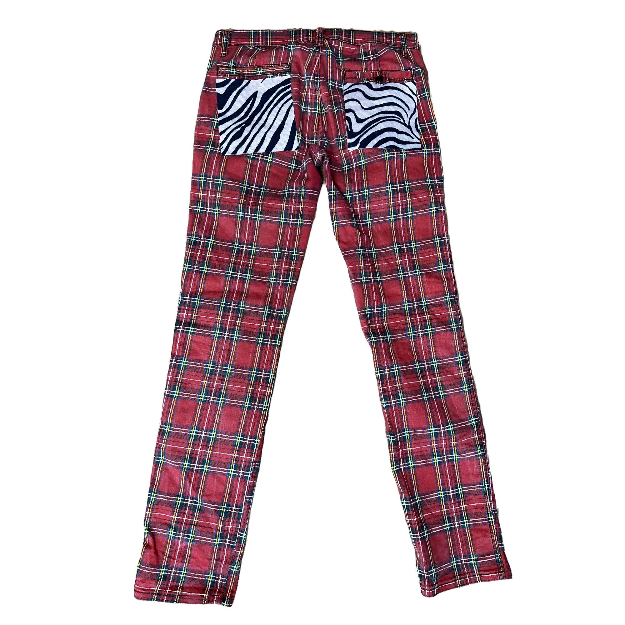 Red Plaid Pants with Pink Zebra Cashmere Patches