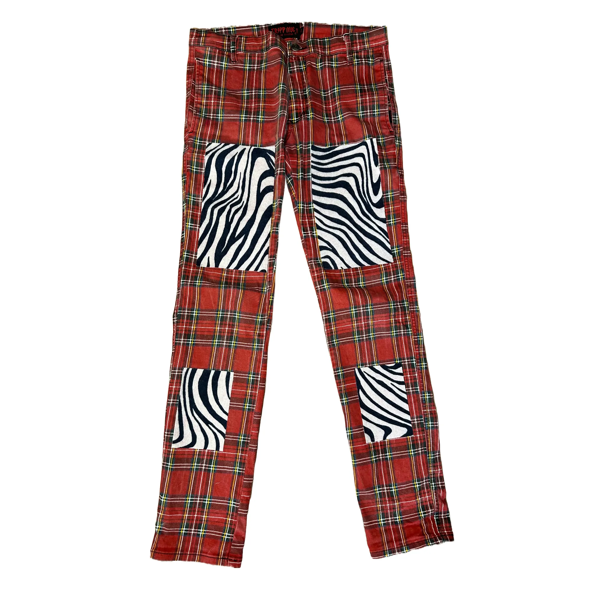 Red Plaid Pants with Pink Zebra Cashmere Patches