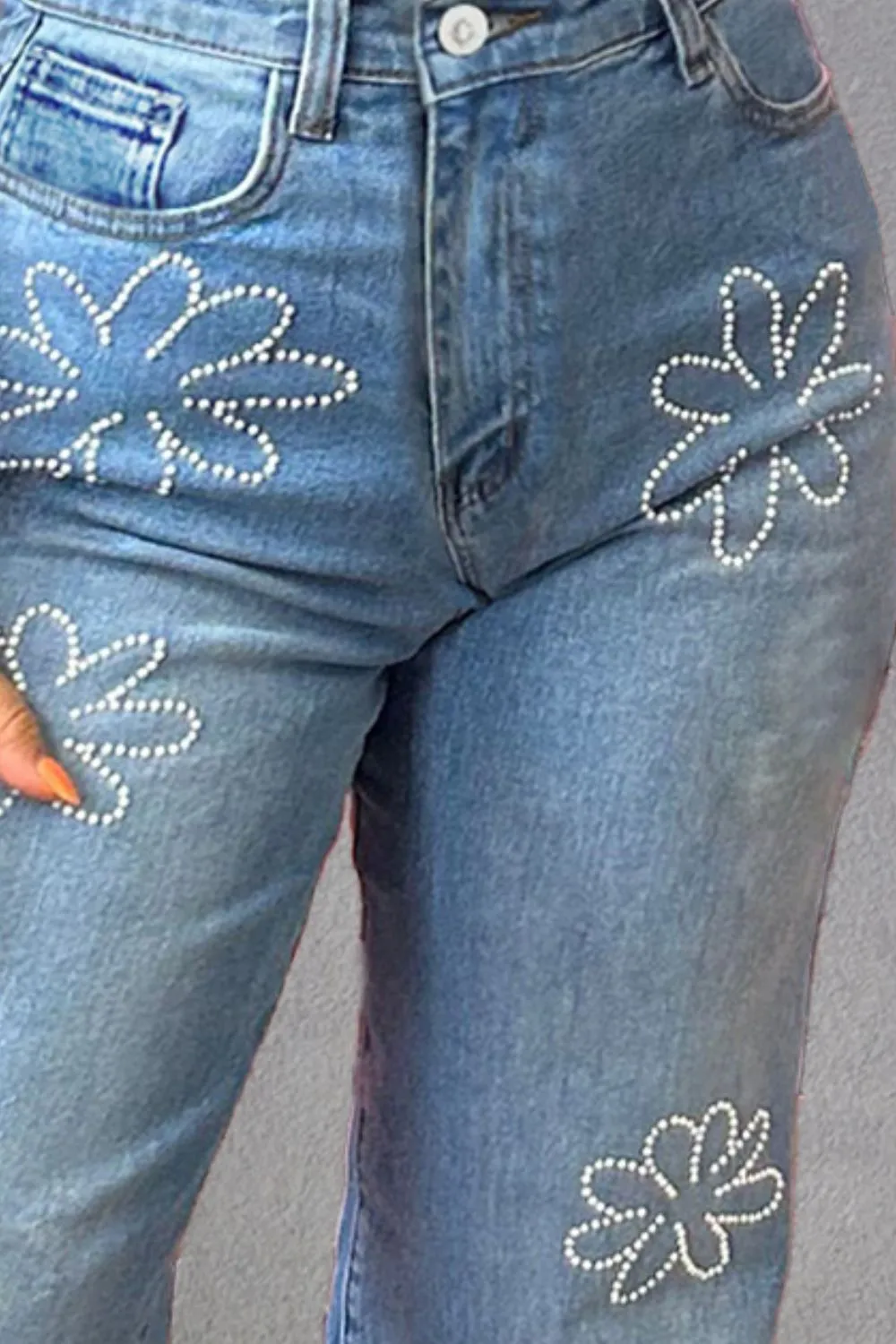 Rhinestone Straight Jeans with Pockets Sizes 6-16