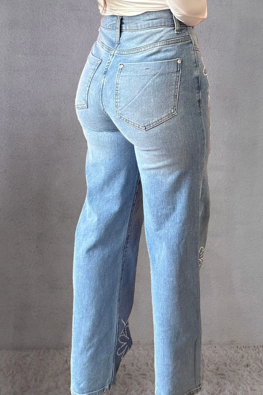 Rhinestone Straight Jeans with Pockets Sizes 6-16