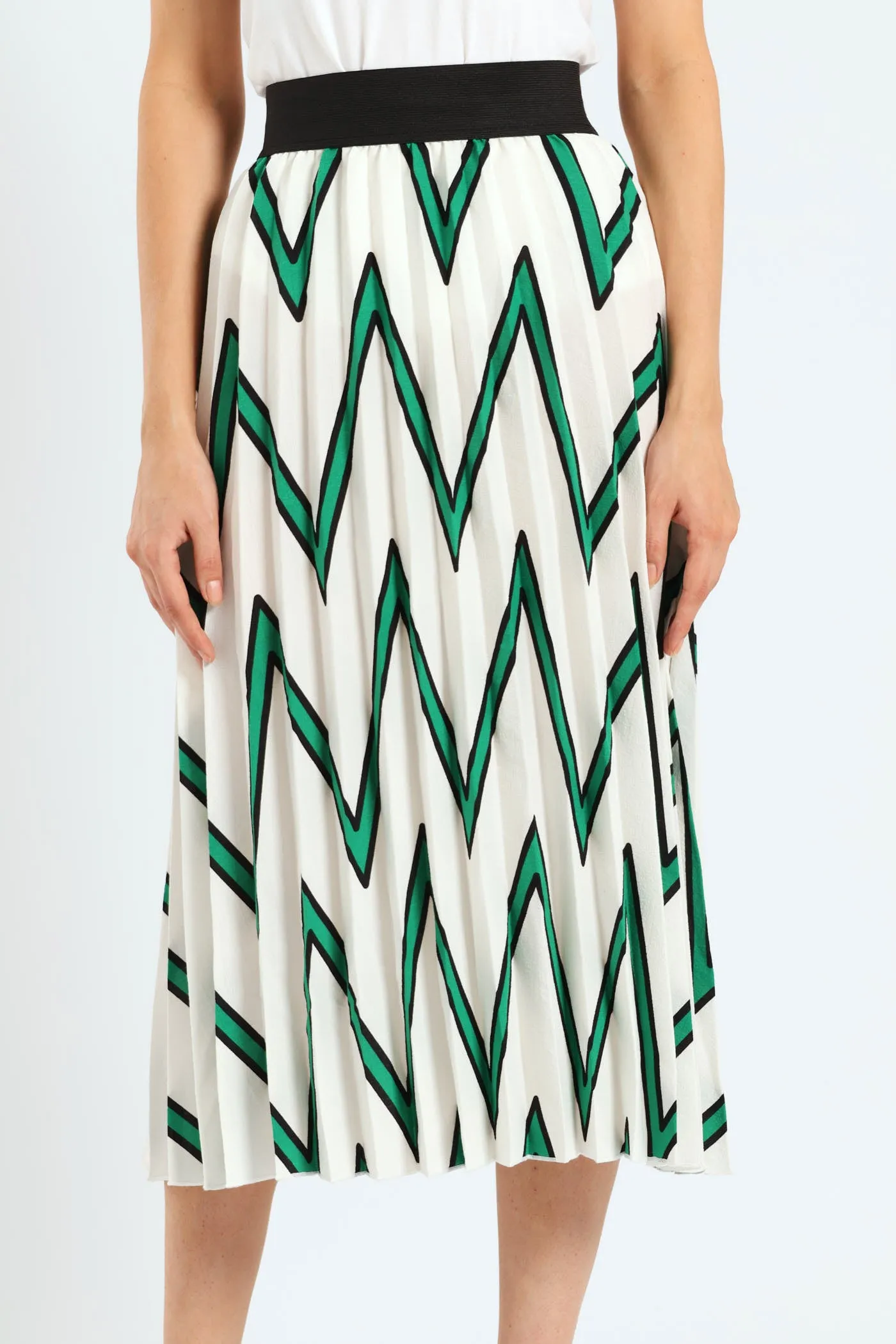 Rib Waistband Printed Pleated Midi Skirt - White/Green