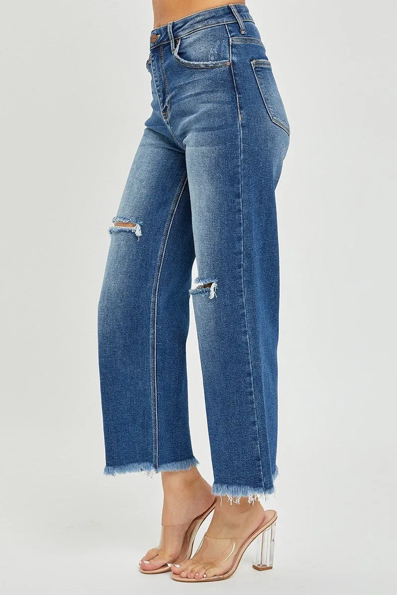 Risen High Rise Frayed Cropped Wide Leg Jean