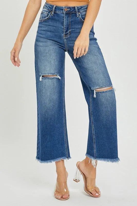 Risen High Rise Frayed Cropped Wide Leg Jean