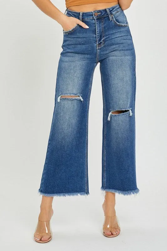 Risen High Rise Frayed Cropped Wide Leg Jean