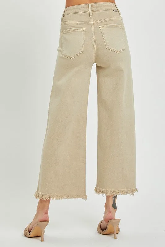 Risen High Waist Khaki Wide Leg Crop Jeans