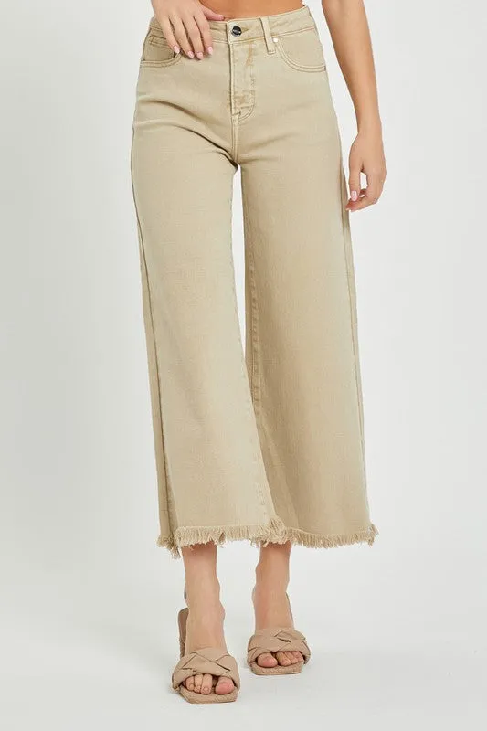 Risen High Waist Khaki Wide Leg Crop Jeans