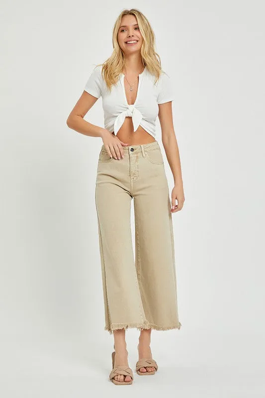 Risen High Waist Khaki Wide Leg Crop Jeans