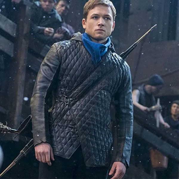 Robin Hood Taron Egerton Quilted Hoodie Black Leather Coat