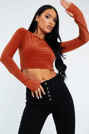 Rust Slinky Thumb Hole Long Sleeve Crop Top - Kacci