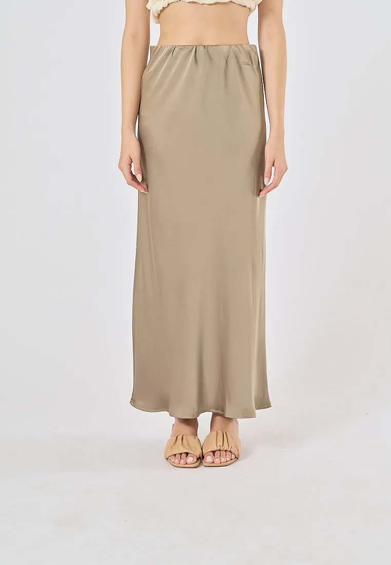 Sanity Khaki Satin Elastic Waist A-Line Maxi Skirt