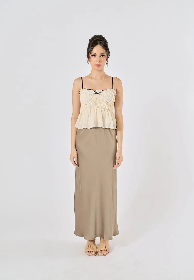 Sanity Khaki Satin Elastic Waist A-Line Maxi Skirt