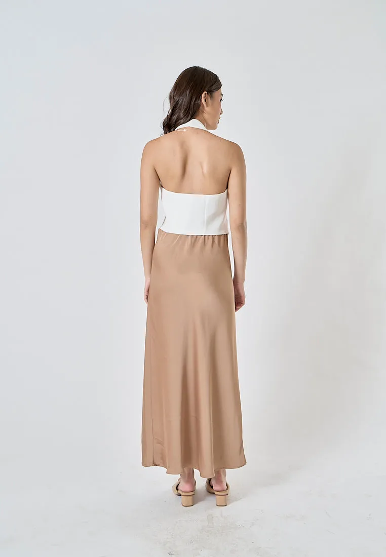Sanity Khaki Satin Elastic Waist A-Line Maxi Skirt