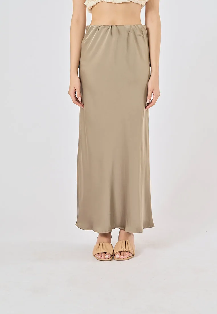 Sanity Khaki Satin Elastic Waist A-Line Maxi Skirt