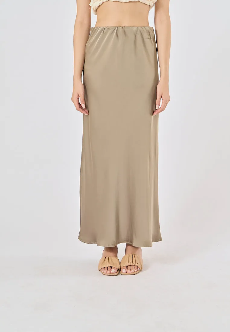 Sanity Khaki Satin Elastic Waist A-Line Maxi Skirt